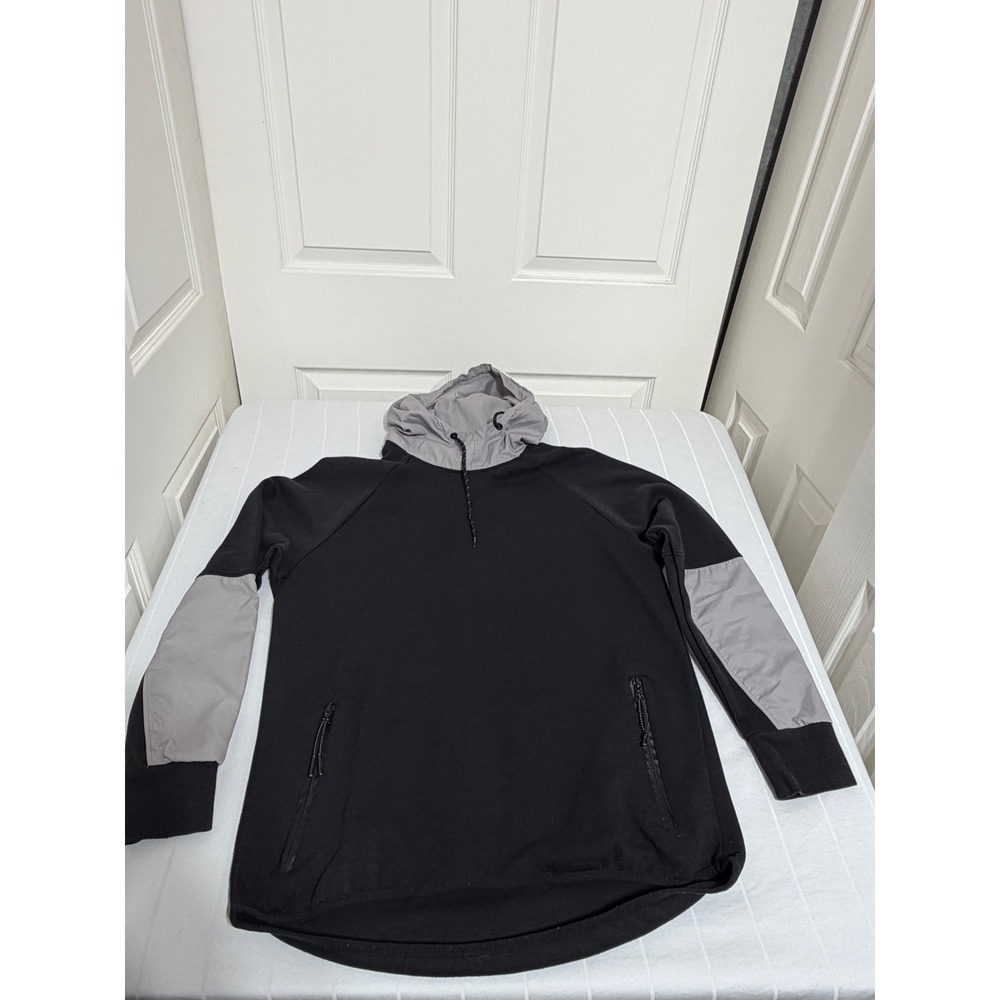 Mens Mixed Media Colorblock Hoodie Black Grey Zip Pockets Size M